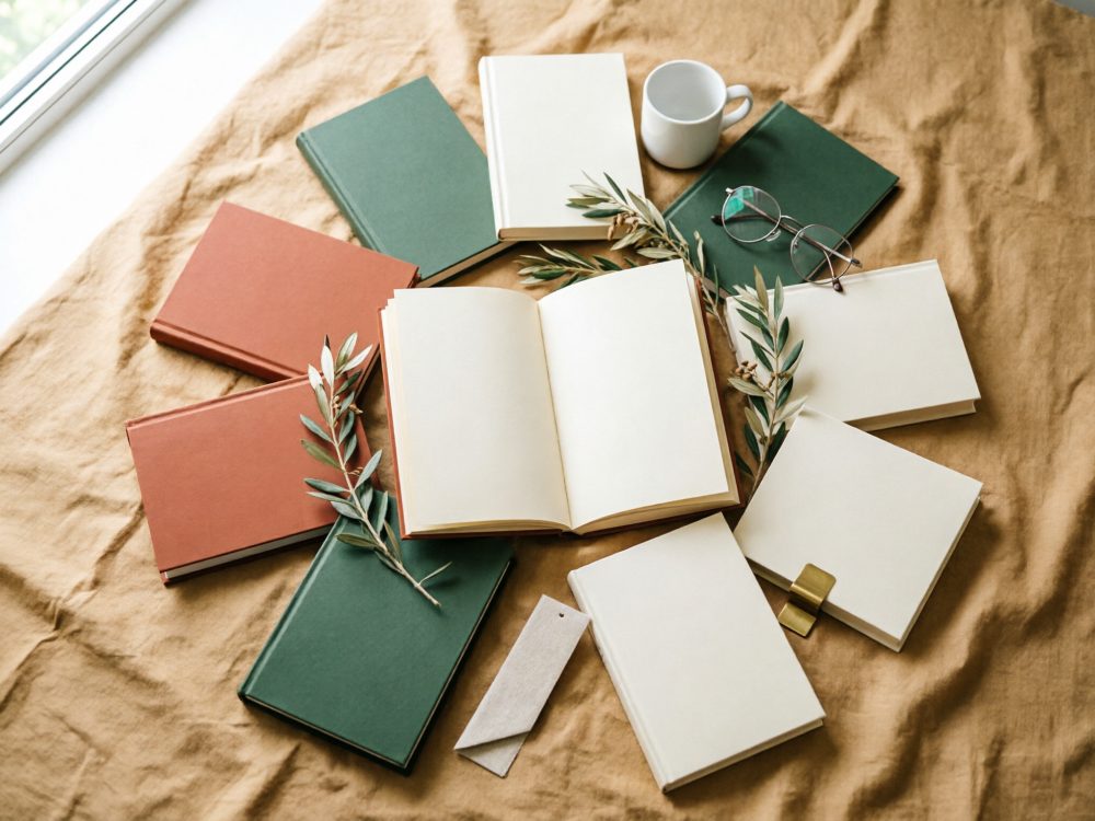 Livros com capas castanhas, verdes e creme sobre tecido castanho com folhas, óculos e caneca.
