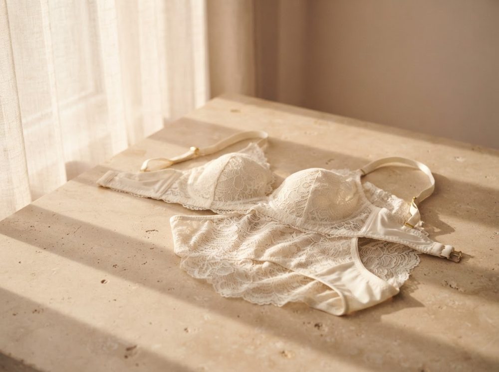 Conjunto de lingerie rendado creme colocado sobre mesa em luz natural suave