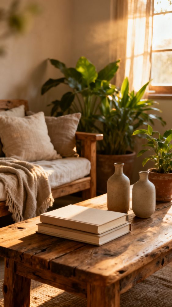 Sala de estar com sofá de madeira, almofadas bege, mesas com livros e vasos, plantas e luz natural
