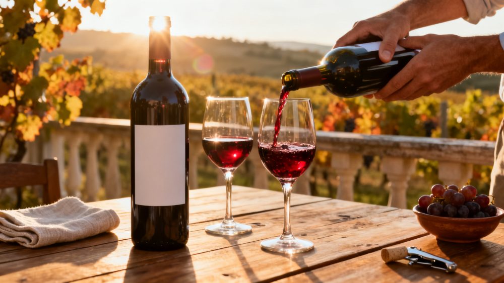 Mãos a servir vinho tinto em copos numa mesa de madeira numa vinha ao pôr do sol
