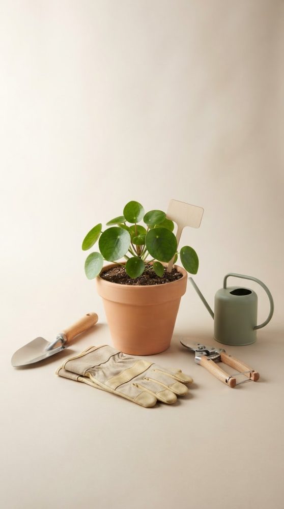 Planta pilea num vaso de terracota rodeada de ferramentas de jardim sobre fundo claro