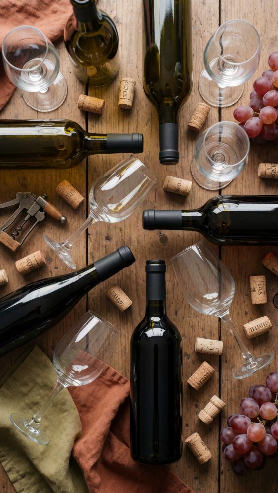 Garrafas de vinho, copos, rolhas e uvas vermelhas sobre mesa de madeira rústica