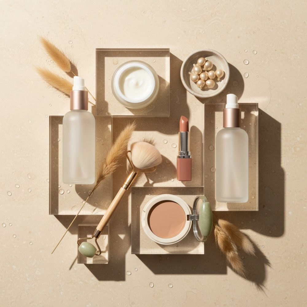 Cosméticos naturais com creme, batom, pincel e rolo de massagem em fundo bege com flores secas