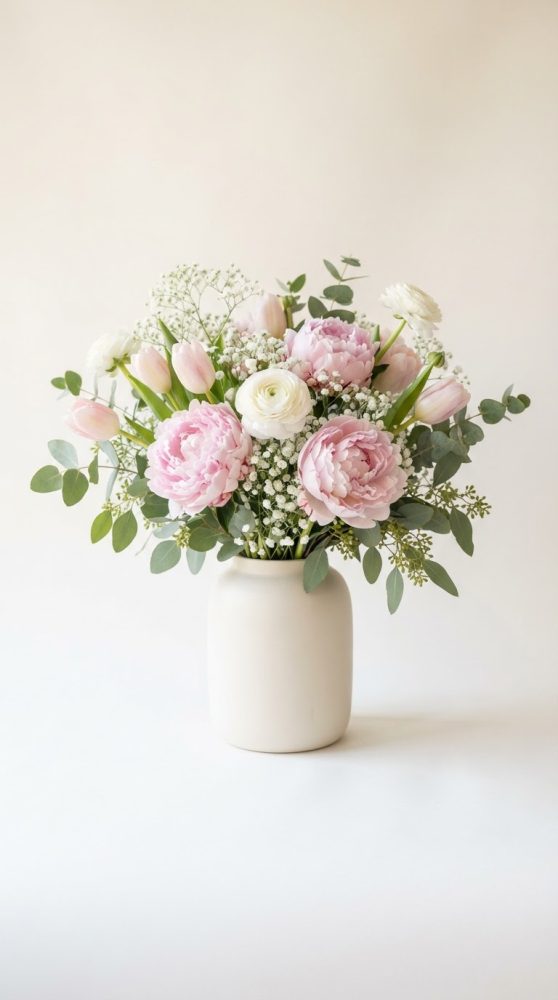 Arranjo floral com peónias rosas, tulipas e ranúnculos brancos em vaso branco