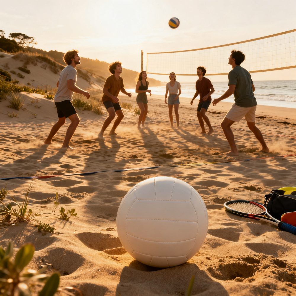 Seis jovens jogam voleibol na praia ao pôr do sol, bola branca e raquete na areia em primeiro plano