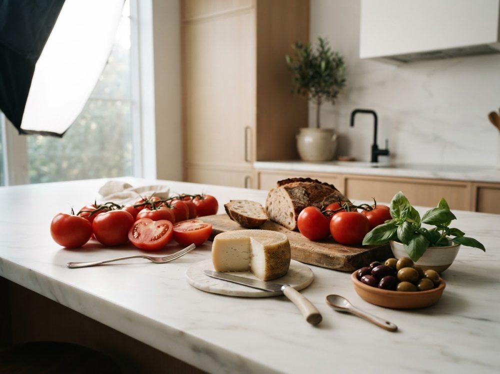 Mesa com pão rústico, queijo, tomates vermelhos, azeitonas e manjericão numa cozinha moderna
