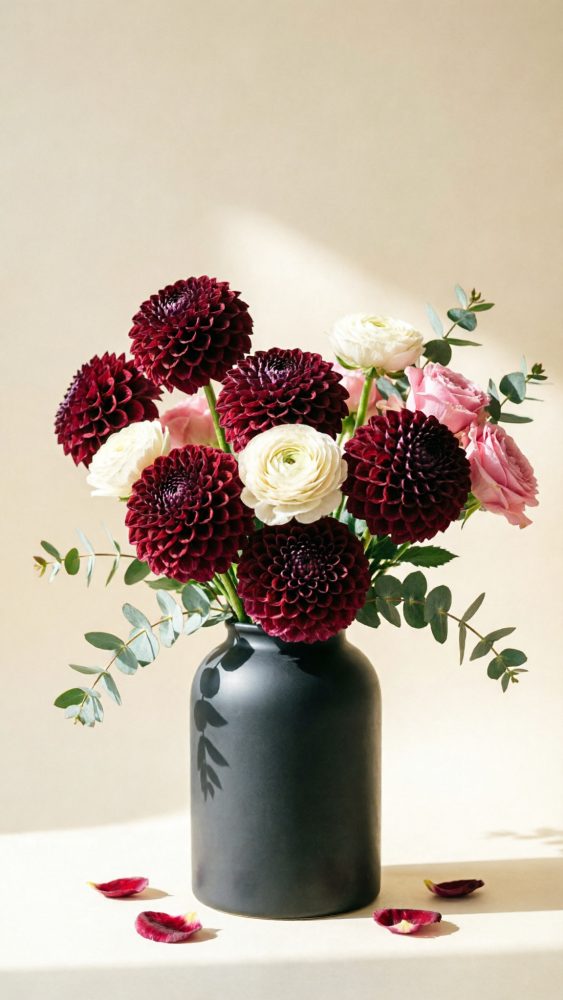 Vaso preto com arranjo de dálias bordô, rosas cor-de-rosa, ranúnculos brancos e folhagem verde