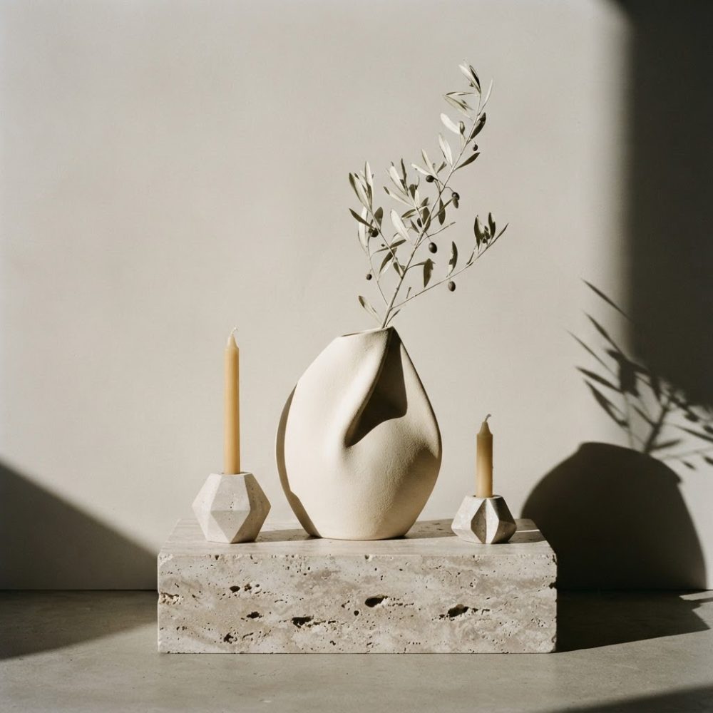 Vaso branco orgânico com ramo de oliveira e castiçais geométricos com velas bege sobre base de pedra