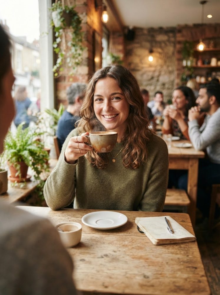 Mulher sorridente a beber café num café acolhedor com decoração rústica e plantas