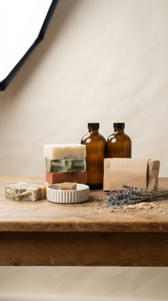 Sabonetes artesanais, frascos âmbar, pacote em papel kraft e ramo de lavanda sobre mesa de madeira