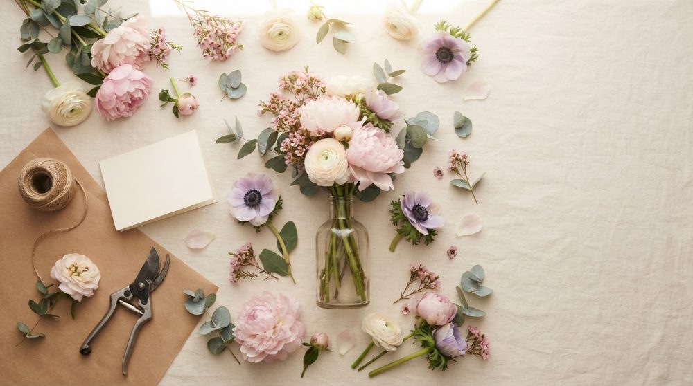 Vaso com arranjo de peónias rosa, ranúnculos brancos e anémonas lilases com ferramenta de florista ao lado