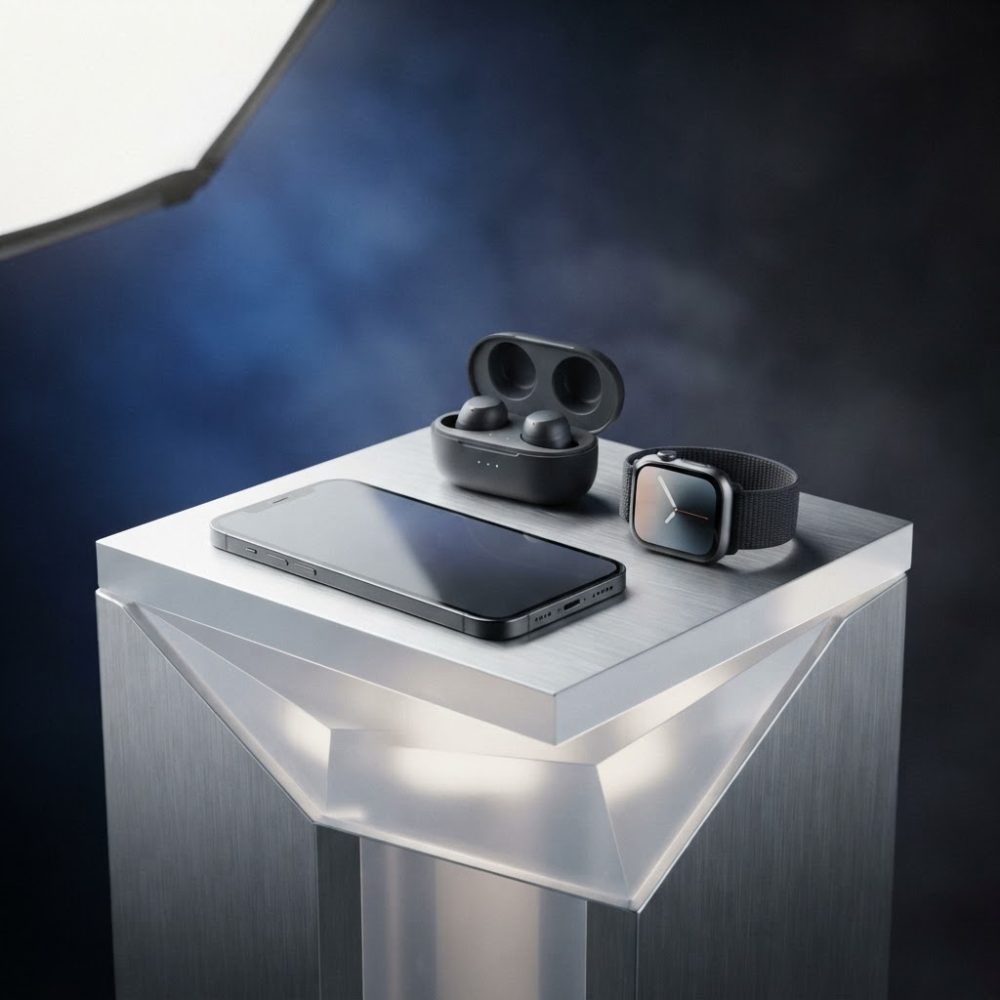 Smartphone preto, auriculares sem fios com estojo aberto e smartwatch em pedestal metálico com fundo azul