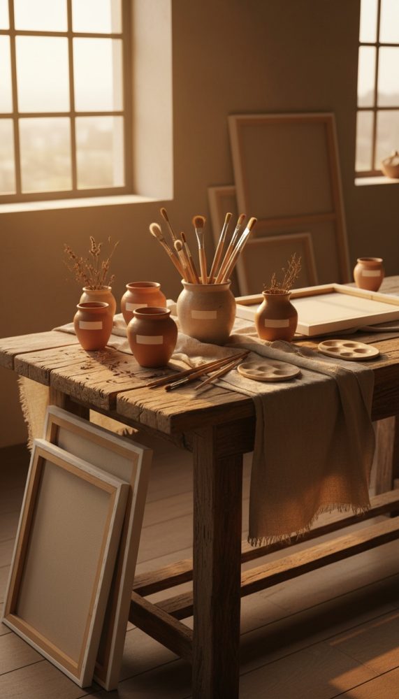Mesa rústica com pincéis, vasos de cerâmica, paletas e telas à luz natural