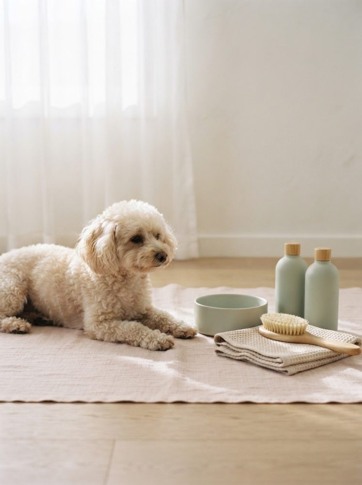 Cão branco com pelo encaracolado deitado num tapete rosa com acessórios de cuidado ao lado