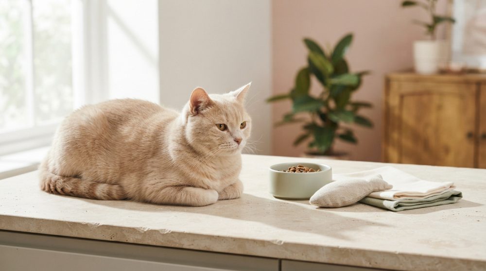 Gato creme deitado num balcão claro junto a tigela de comida e acessórios, com luz natural