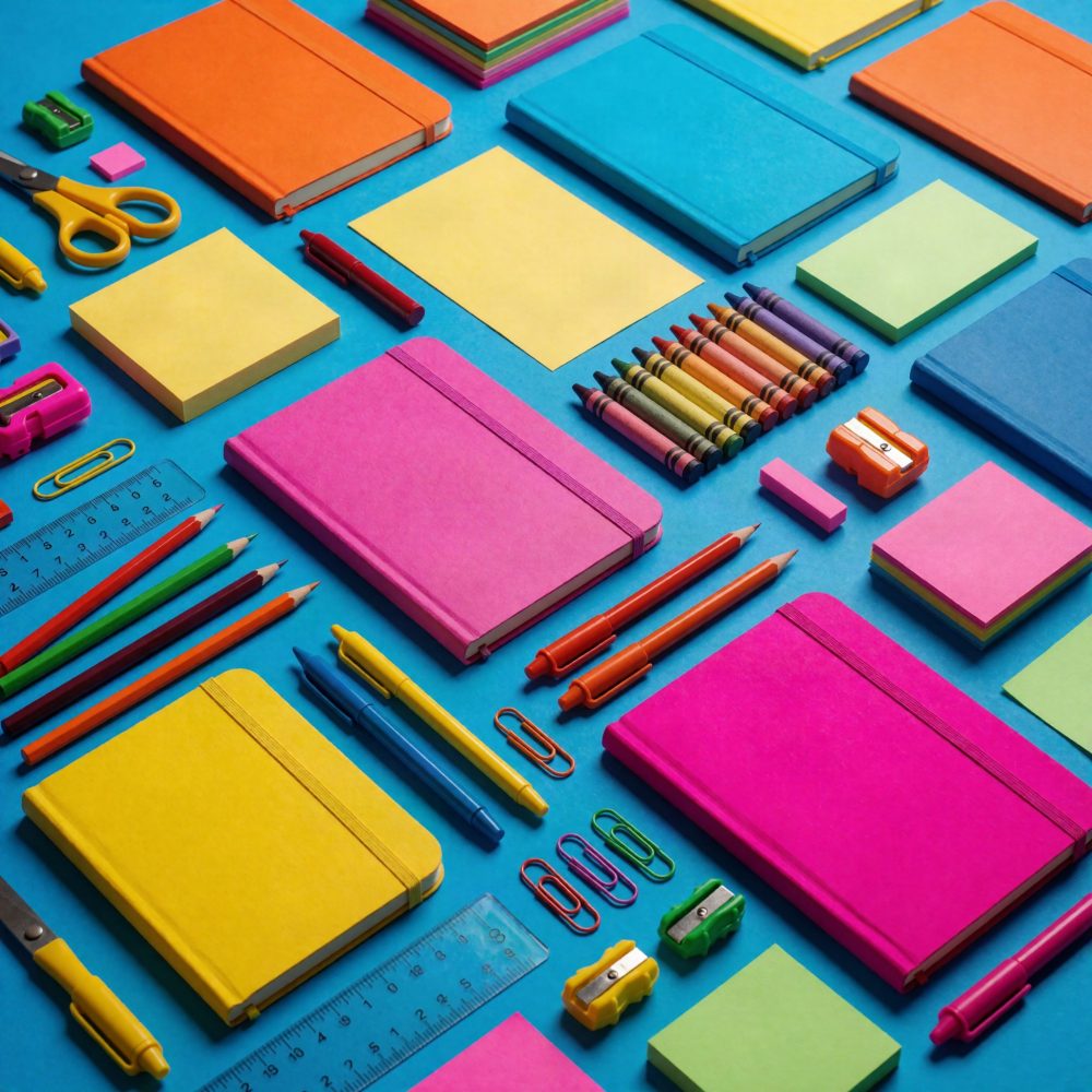 Material de papelaria colorido organizado em padrão sobre fundo azul