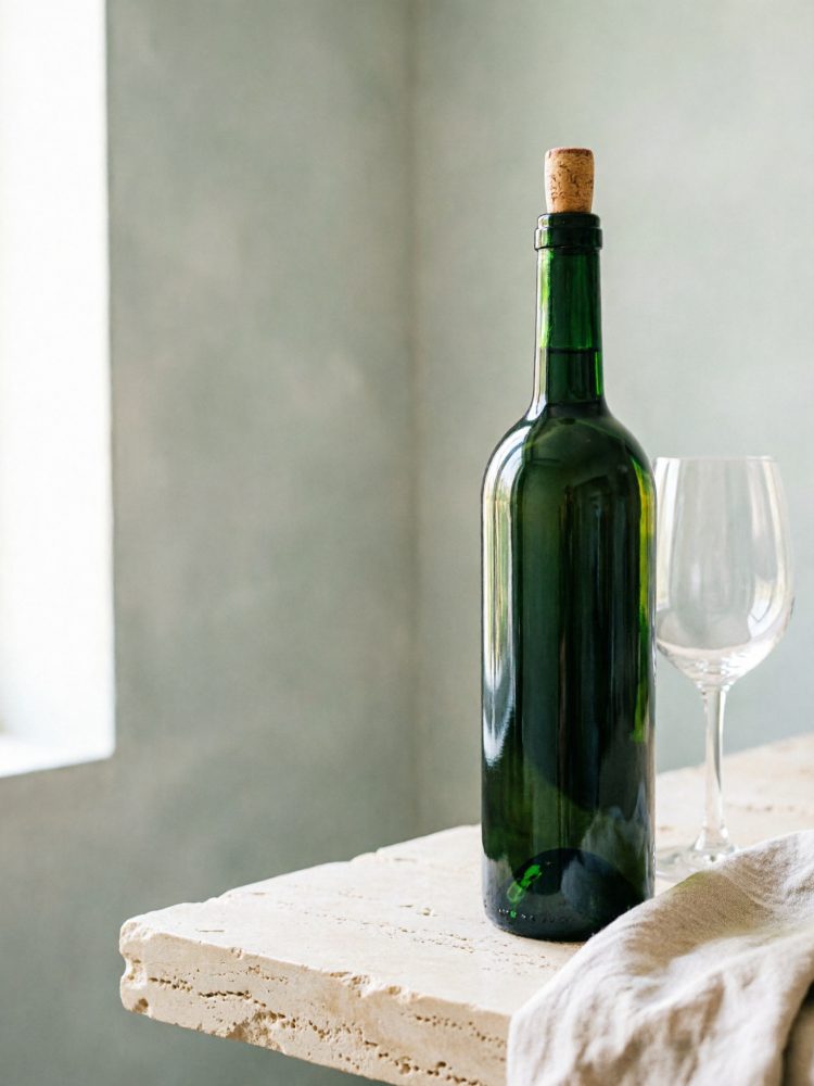 Garrafa de vinho verde com rolha e copo vazio sobre mesa clara com pano bege.