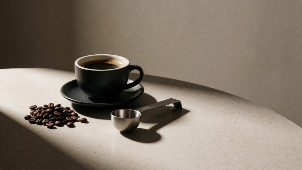 Xícara preta de café com pires, grãos de café e colher de metal numa mesa iluminada
