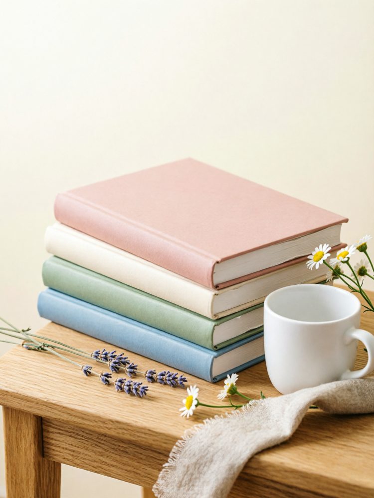 Livros coloridos empilhados sobre mesa de madeira com caneca branca e flores frescas ao lado