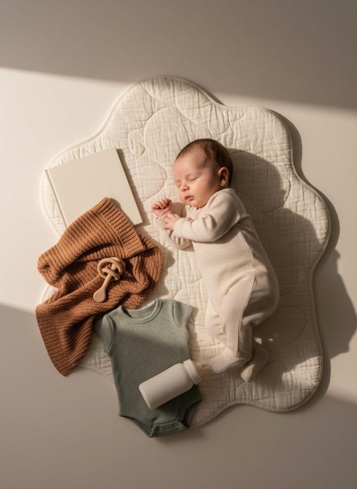 Bebé dormindo sobre tapete branco com roupa e acessórios em tons neutros