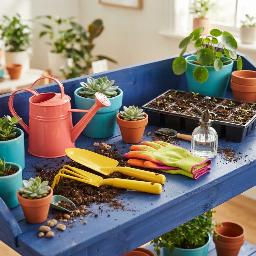 Estação de jardinagem com regador coral, luvas, ferramentas amarelas e vasos com suculentas sobre mesa azul