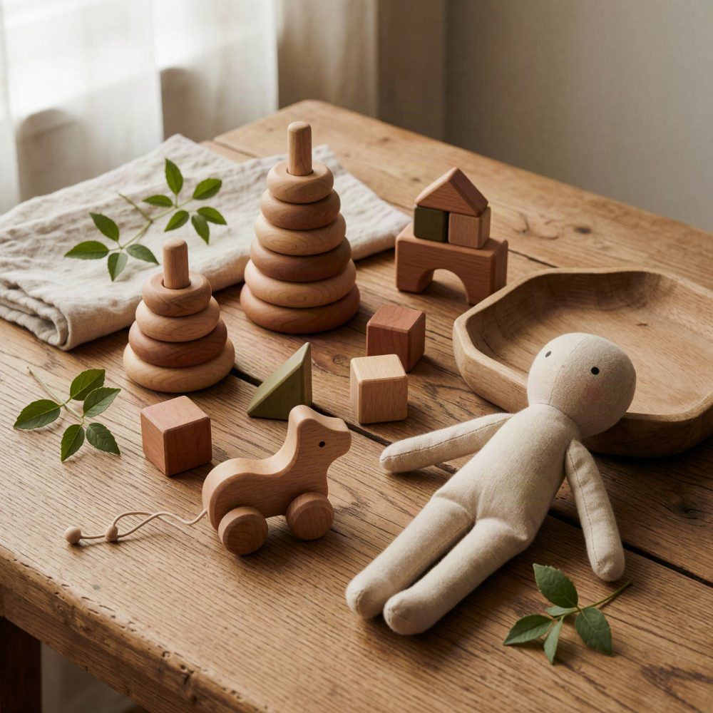 Brinquedos de madeira naturais e boneca de tecido sobre mesa de madeira