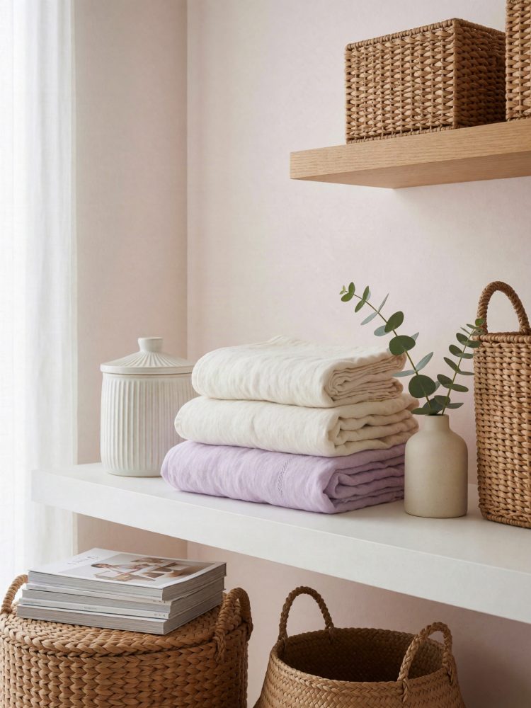 Prateleira com têxteis dobrados, cestos de vime e vaso decorativo com ramo verde