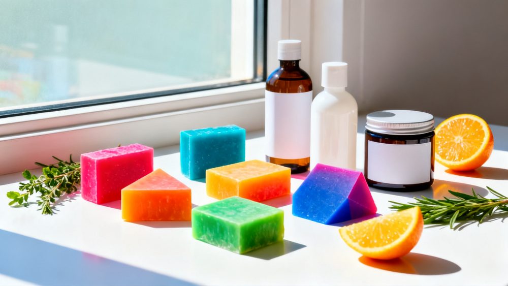 Sabonetes coloridos e frascos de loção com laranja e ervas perto de janela iluminada