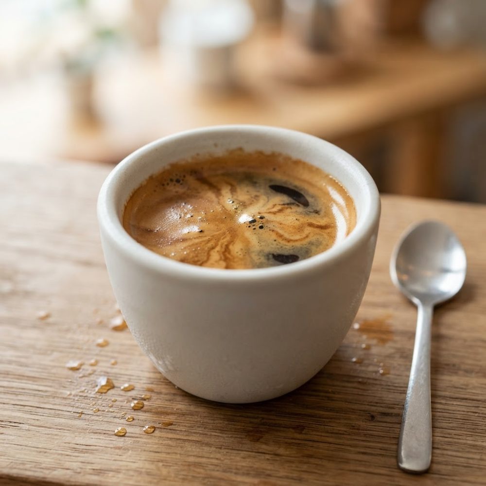 Chávena branca com café quente e colher de inox sobre mesa de madeira