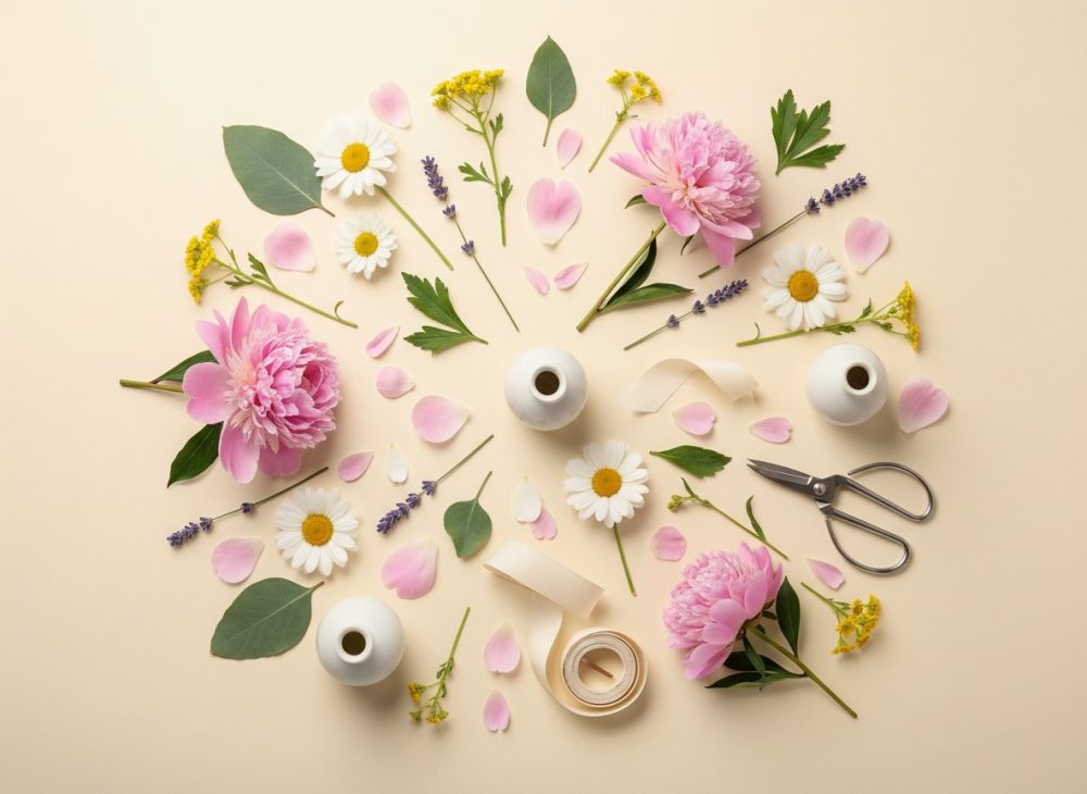 Flores e folhas organizadas em círculo com tesoura e fita sobre fundo bege claro