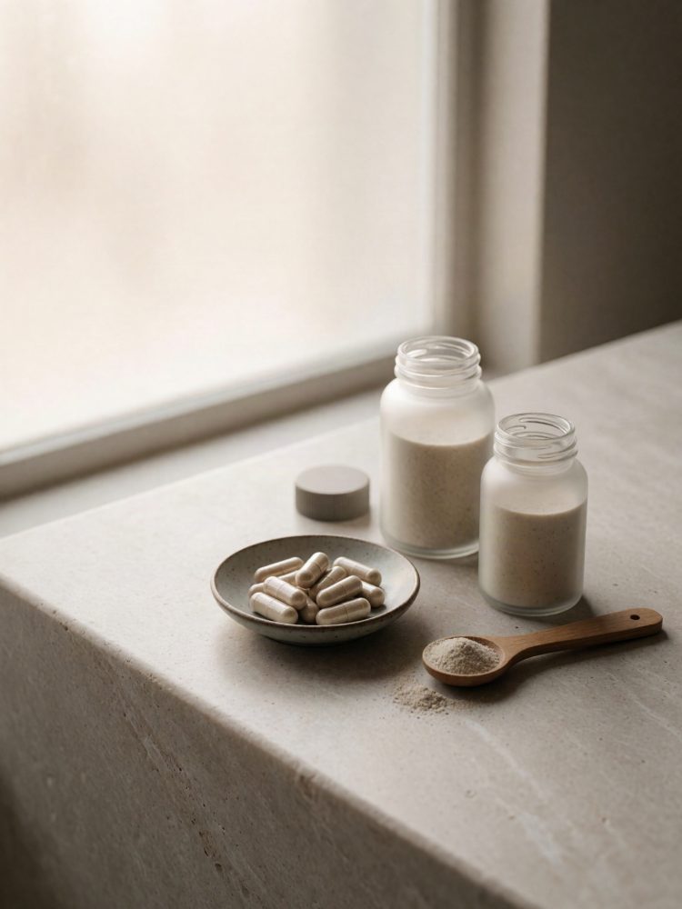 Suplementos naturais em frascos de vidro, cápsulas num prato e pó em colher de madeira