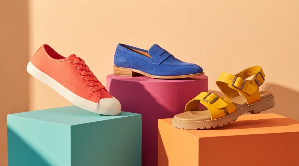 Três pares de calçado colorido em blocos geométricos: ténis coral, mocassim azul e sandália amarela