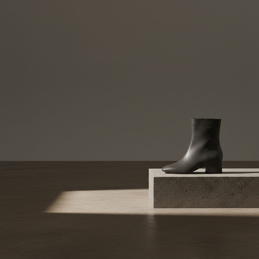 Bota preta de salto médio sobre pedestal de betão num cenário minimalista