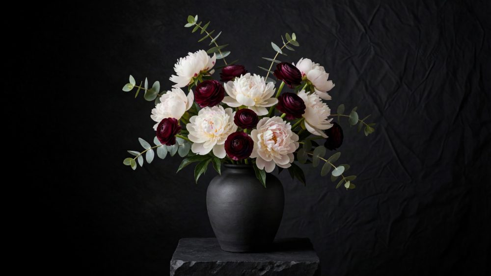 Arranjo floral com peónias brancas e ranúnculos bordô num vaso preto sobre fundo escuro