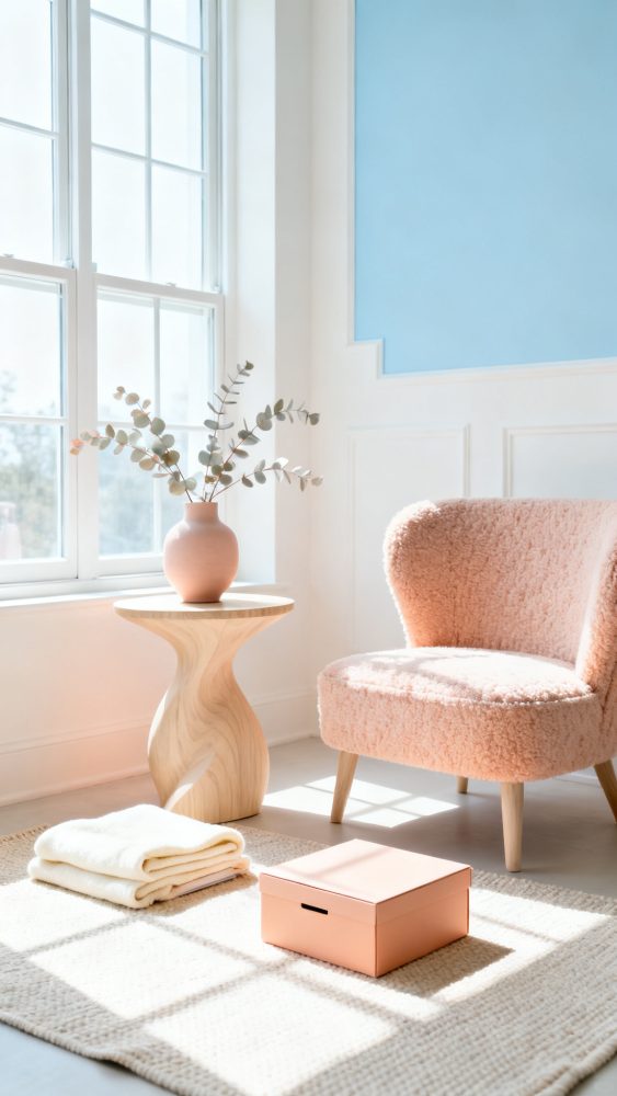 Cadeira felpuda cor de rosa junto a mesa de madeira e vaso com ramos secos em ambiente iluminado