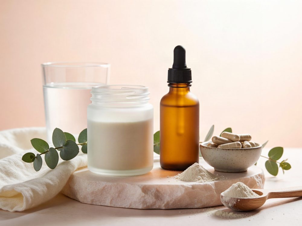 Frascos de suplementos com cápsulas, pó branco, copo de água e folhas verdes sobre base de pedra clara