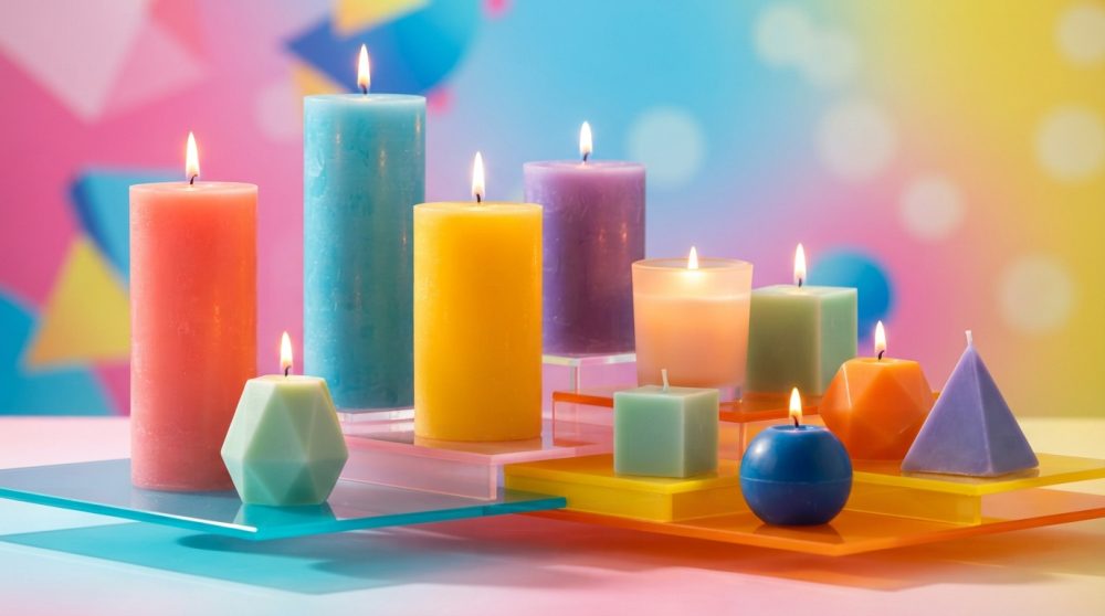 Várias velas acesas coloridas em formas geométricas sobre bases coloridas com fundo abstrato