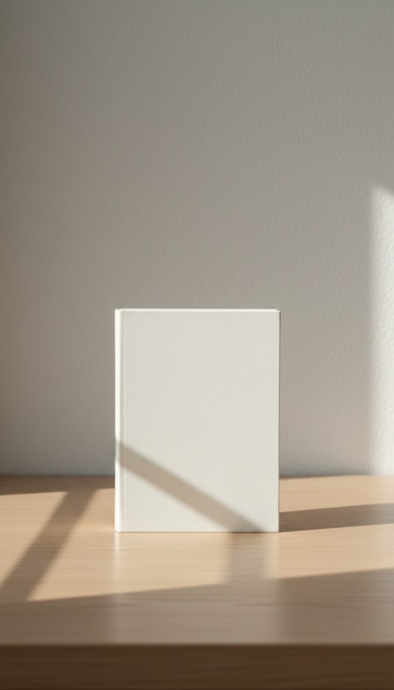 Livro de capa branca em pé sobre mesa de madeira clara com luz natural suave
