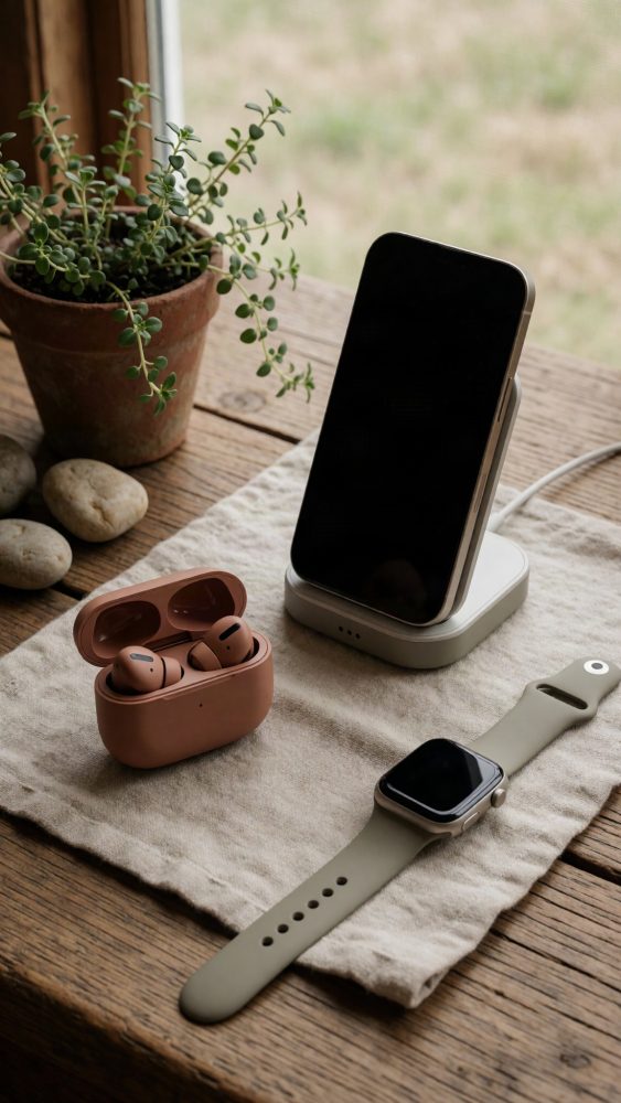 Smartphone a carregar, auriculares sem fios abertos e relógio inteligente sobre mesa com planta e pedras
