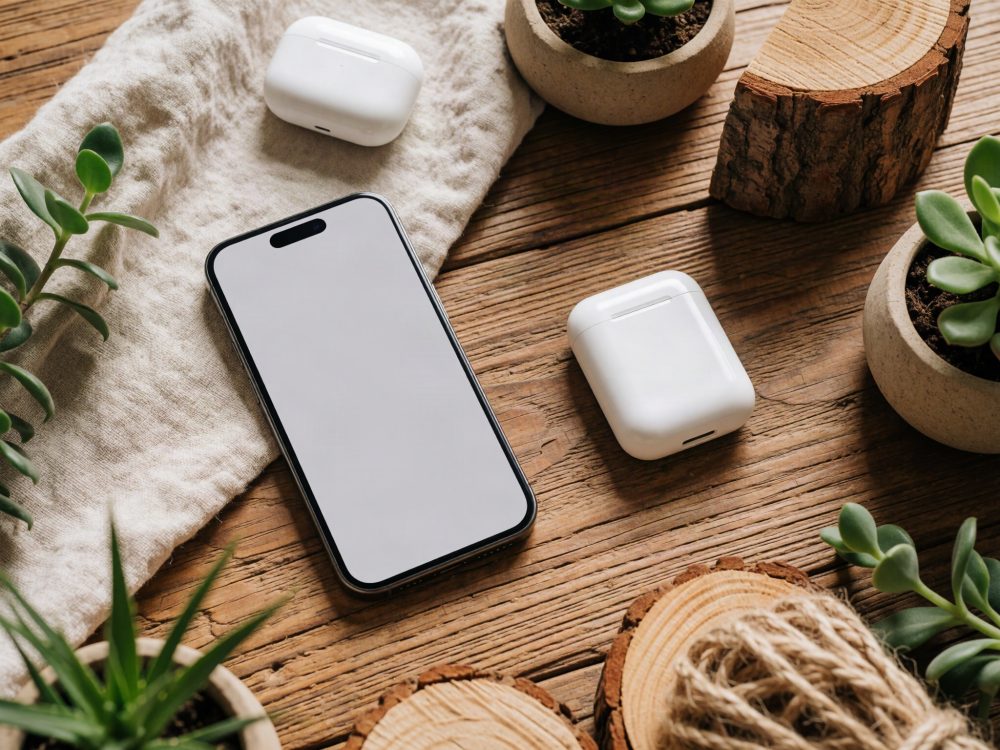 Smartphone preto com ecrã apagado e dois estojo de auriculares brancos sobre mesa de madeira com plantas suculentas