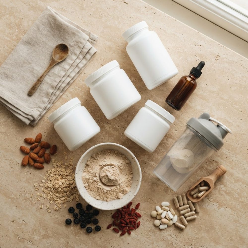 Frascos de suplementos brancos, ingredientes naturais e cápsulas sobre bancada clara com utensílios