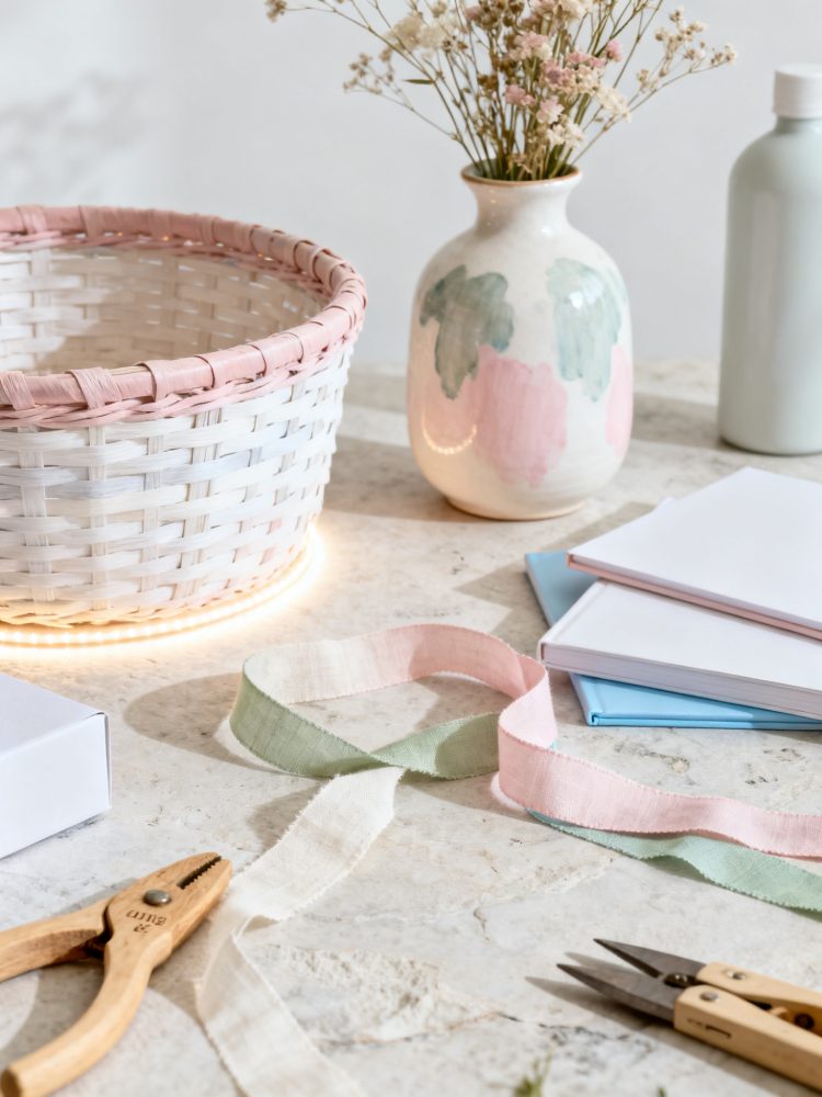 Mesa com cesto de verga branca e rosa, fita bicolor, vaso com flores secas e ferramentas de artesanato