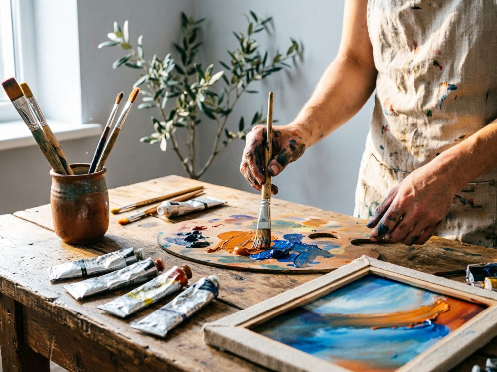 Mãos de artista a misturar tintas coloridas numa paleta sobre mesa de madeira rústica com pincéis e tubos de tinta