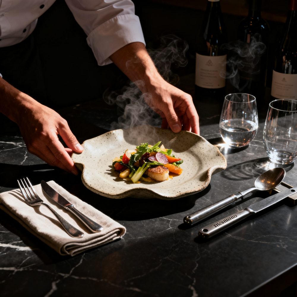 Chef a servir prato gourmet fumegante com legumes frescos numa mesa elegante de restaurante