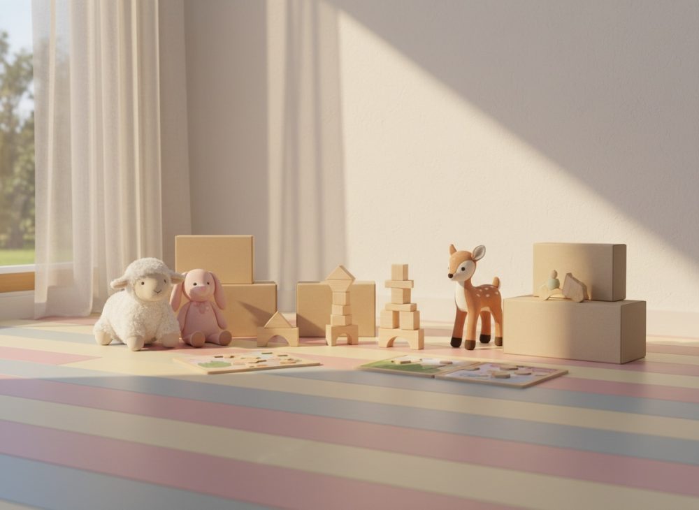 Brinquedos de peluche e blocos de madeira sobre chão riscado em quarto iluminado por luz natural