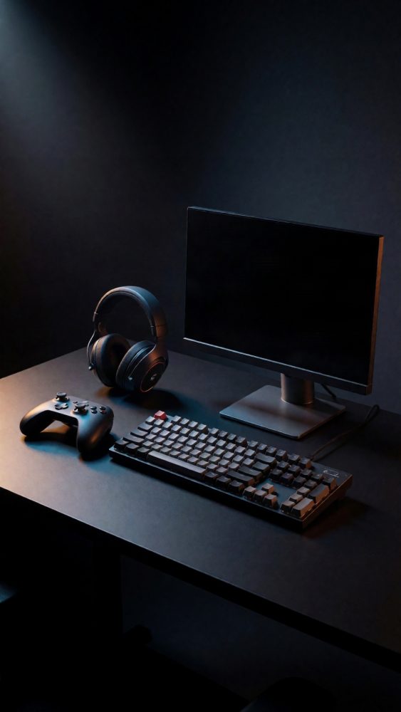 Setup de gaming com monitor, teclado, comandos e headphones preto em mesa escura
