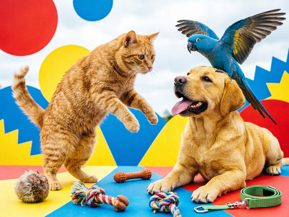 Gato ruivo a saltar, cão Labrador deitado com papagaio azul na cabeça junto a brinquedos para animais