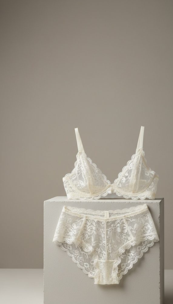 Conjunto de lingerie branca em renda com soutien e cueca sobre pedestal cinzento