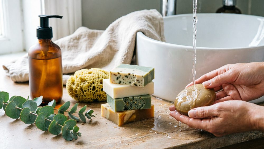 Mãos lavando sabonete mascavado junto a sabonetes artesanais, esponja natural e frasco dispensador âmbar na bancada da casa de banho