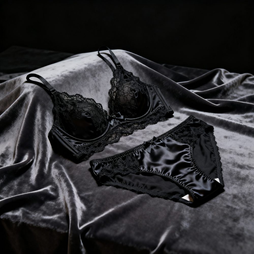 Conjunto preto de lingerie em cetim com renda sobre tecido de veludo cinza